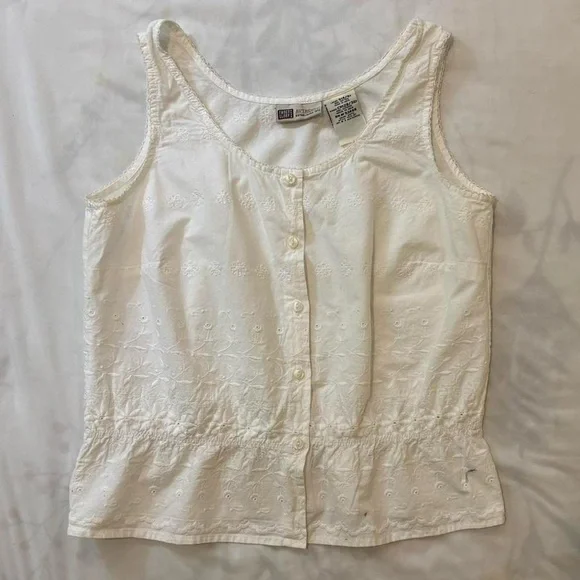 White Eyelet Peasant Button Down Sleeveless Blouse with Waist Elastic Y2K Boho - Picture 5 of 8